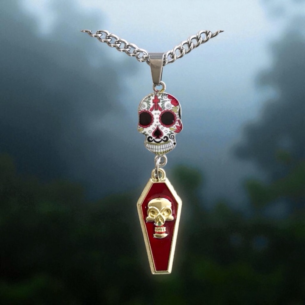 🆕 Coffin and Sugar Skull Pendant Necklace